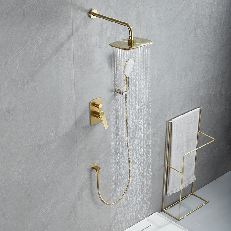拉丝金色浴室淋浴套装冷热水在壁挂式雨水隐藏式淋浴龙头
