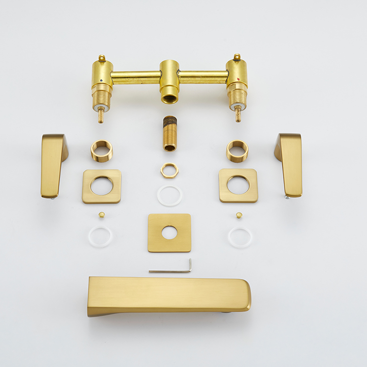 现代钛金黄铜双手柄 3 孔壁挂式隐藏式水槽混合龙头浴室面盆龙头