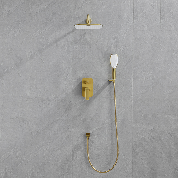 拉丝金色浴室淋浴套装冷热水在壁挂式雨水隐藏式淋浴龙头
