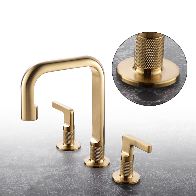 豪华设计拉丝金黄铜甲板安装 8 英寸广泛的双把手浴室混合龙头面盆水龙头