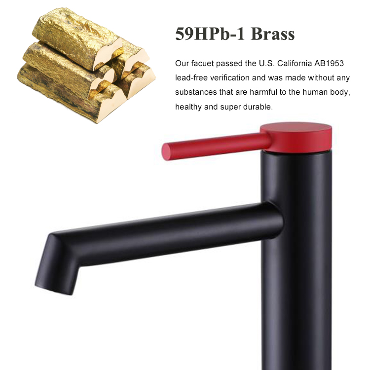 ISO9001 红黑单把手浴室水龙头单把手黄铜单把手甲板安装一孔水槽混合龙头