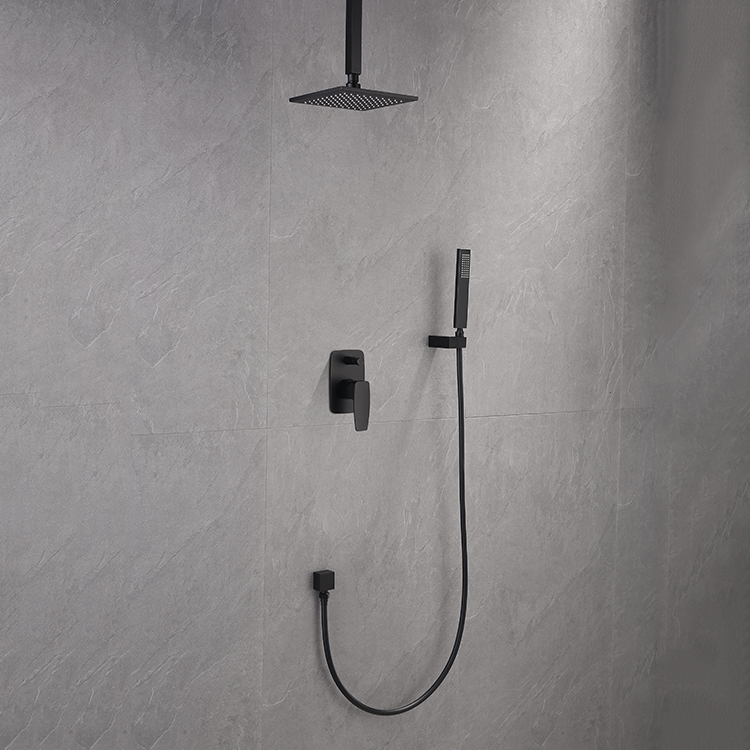 现代黑色浴室淋浴套装在壁挂式方形隐藏式雨淋淋浴龙头套装