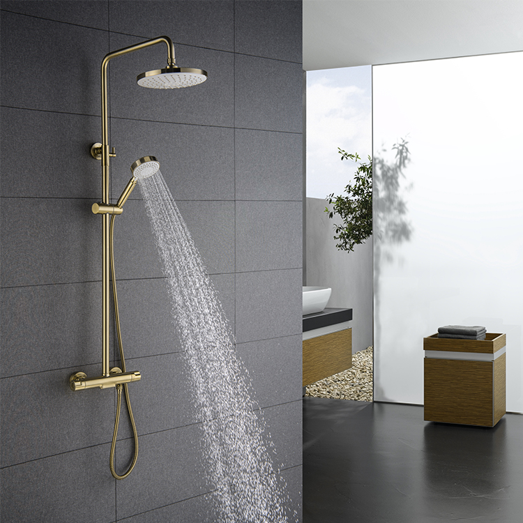 金色多功能壁挂式浴室淋浴系统明装恒温淋浴龙头套装