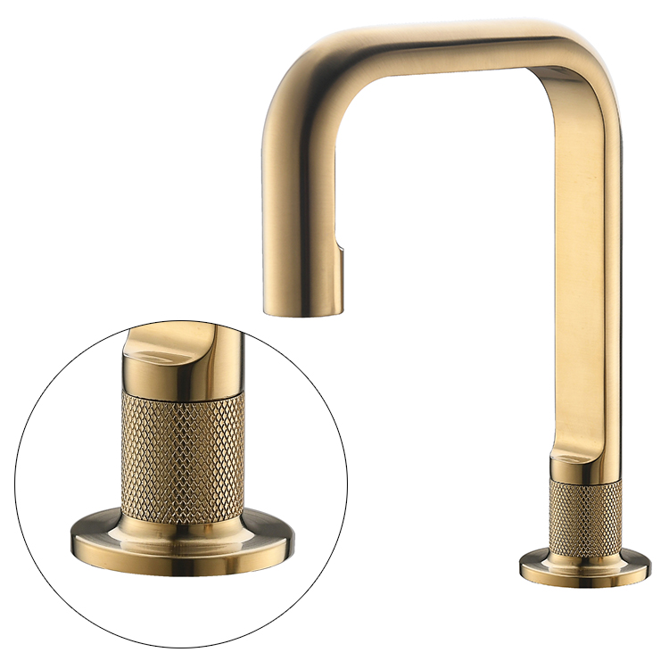 现代风格黄铜拉丝金色 2 孔台面安装式水槽龙头浴室水龙头