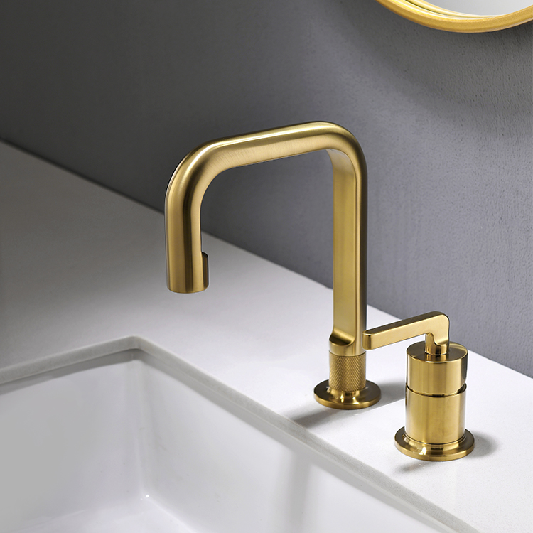 现代风格黄铜拉丝金色 2 孔台面安装式水槽龙头浴室水龙头
