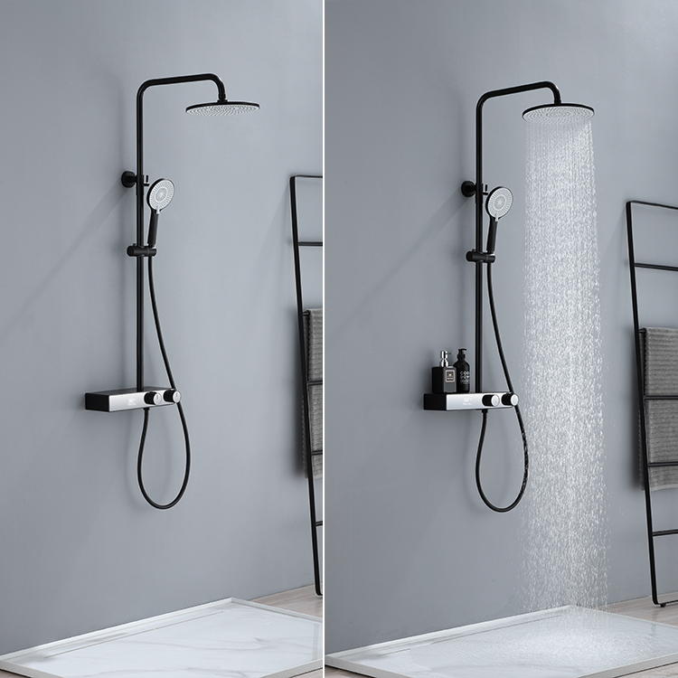 亚光黑色多功能壁挂式浴室淋浴系统圆形雨淋花洒套装