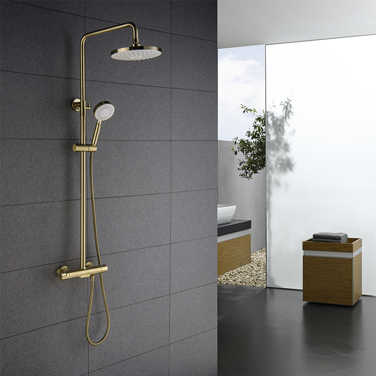 金色多功能壁挂式浴室淋浴系统明装恒温淋浴龙头套装